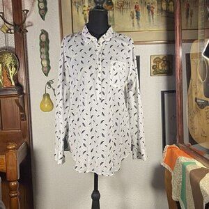 vintage gap popover shirt womens large Boyfriend fit white linen black feathers